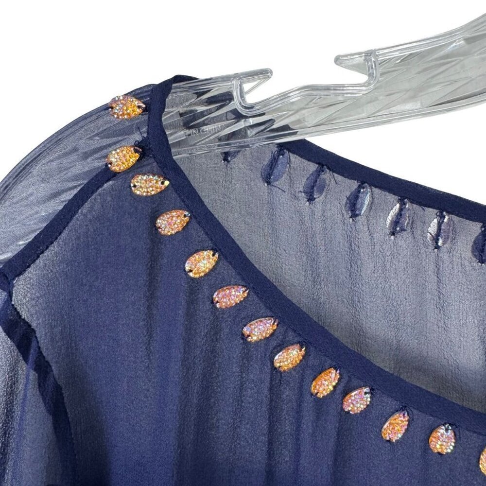 French Connection NEW 100% Silk Navy Blue Embellished Beaded Blouse Top Size 10 - Picture 4 of 10